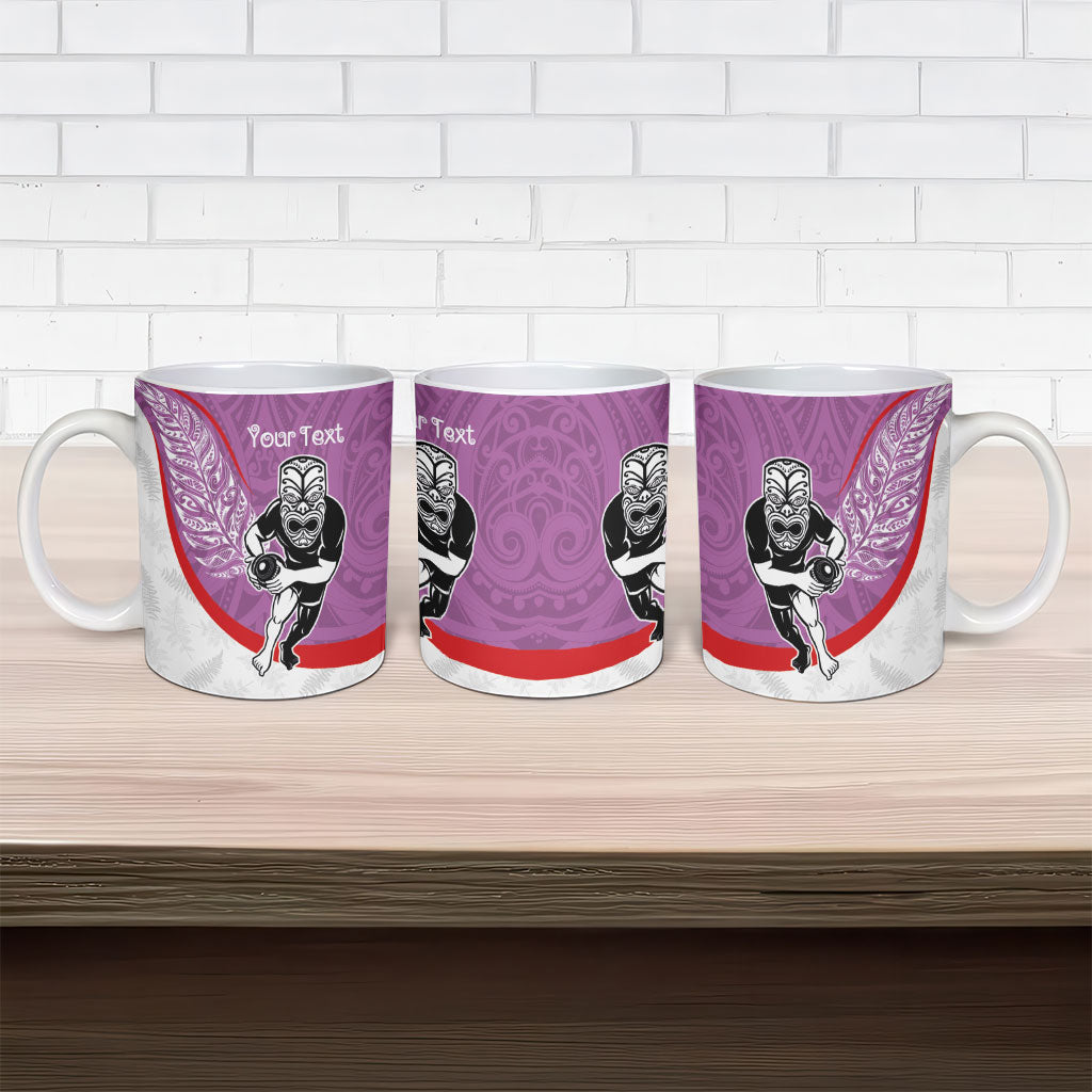 Personalised Aotearoa Lawn Bowls Ceramic Mug Maori Warrior and Silver Fern Sporty Style Pink