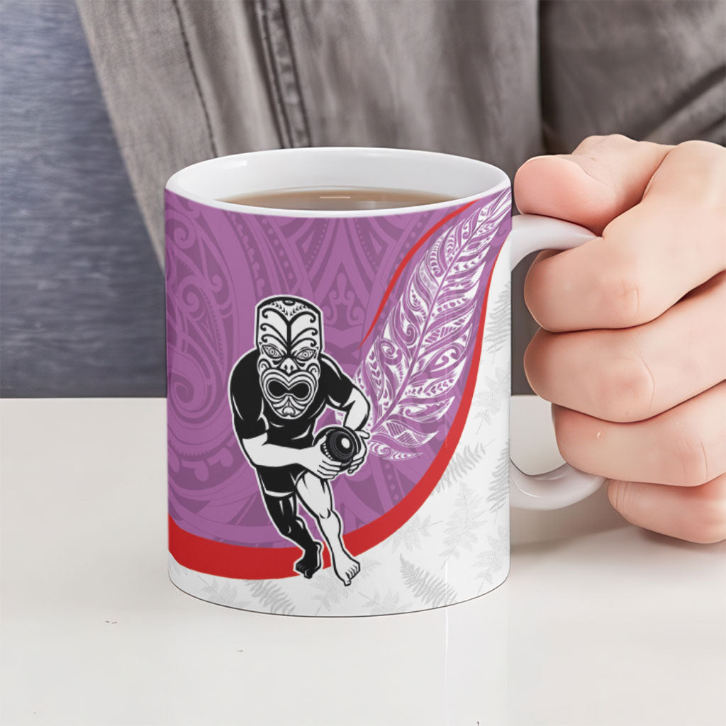 Personalised Aotearoa Lawn Bowls Ceramic Mug Maori Warrior and Silver Fern Sporty Style Pink