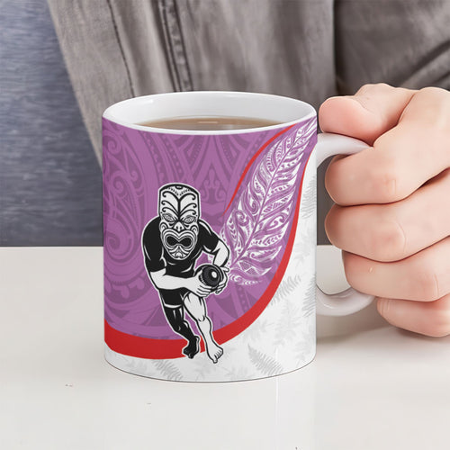 Personalised Aotearoa Lawn Bowls Ceramic Mug Maori Warrior and Silver Fern Sporty Style Pink