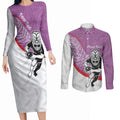 Personalised Aotearoa Lawn Bowls Couples Matching Long Sleeve Bodycon Dress and Long Sleeve Button Shirt Maori Warrior and Silver Fern Sporty Style Pink