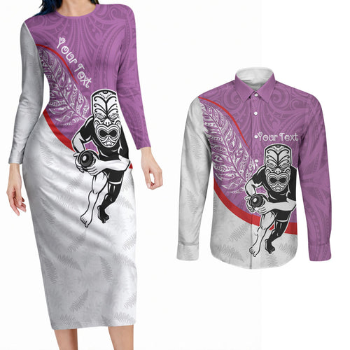 Personalised Aotearoa Lawn Bowls Couples Matching Long Sleeve Bodycon Dress and Long Sleeve Button Shirt Maori Warrior and Silver Fern Sporty Style Pink
