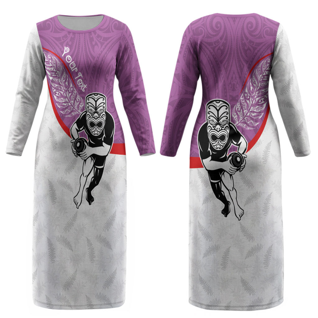 Personalised Aotearoa Lawn Bowls Couples Matching Long Sleeve Bodycon Dress and Long Sleeve Button Shirt Maori Warrior and Silver Fern Sporty Style Pink