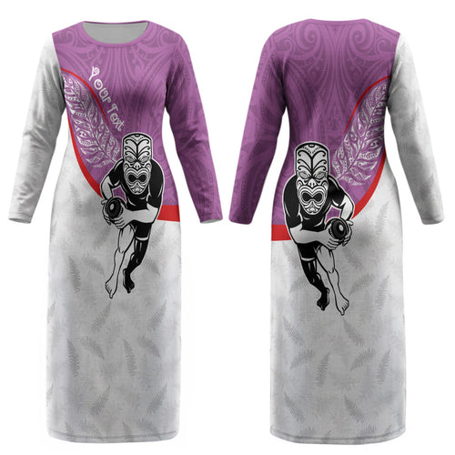 Personalised Aotearoa Lawn Bowls Couples Matching Long Sleeve Bodycon Dress and Long Sleeve Button Shirt Maori Warrior and Silver Fern Sporty Style Pink