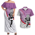 Personalised Aotearoa Lawn Bowls Couples Matching Off Shoulder Maxi Dress and Hawaiian Shirt Maori Warrior and Silver Fern Sporty Style Pink