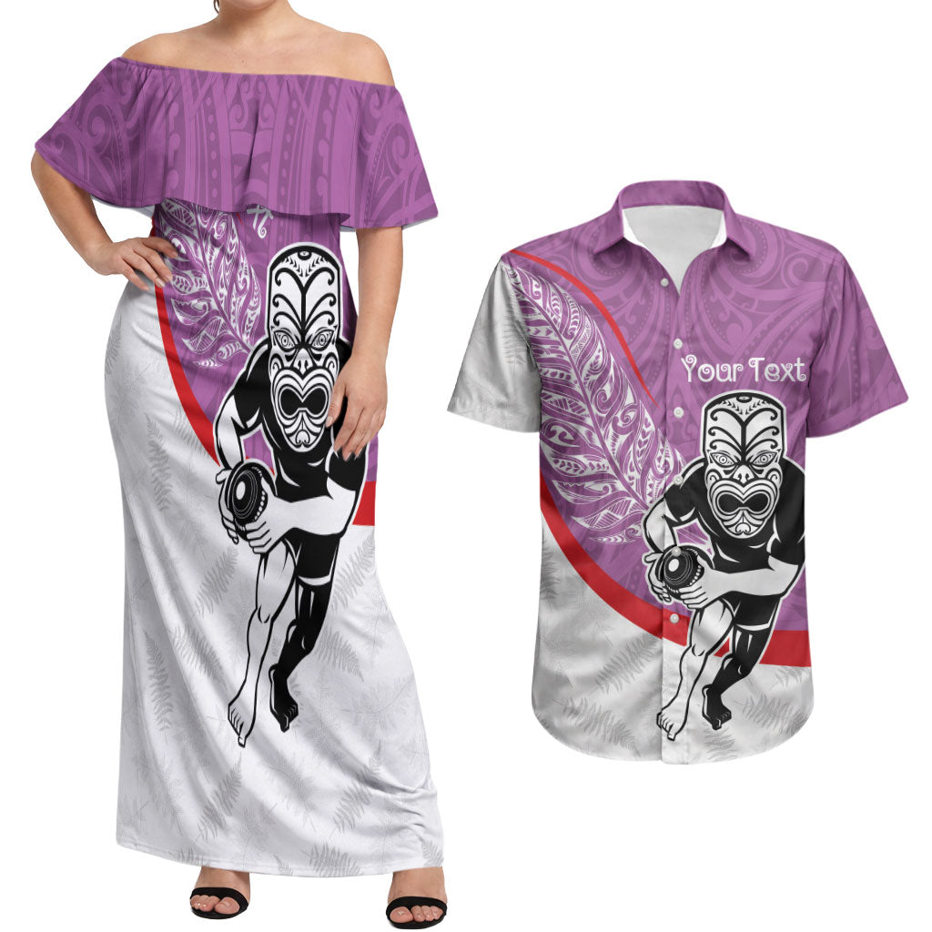 Personalised Aotearoa Lawn Bowls Couples Matching Off Shoulder Maxi Dress and Hawaiian Shirt Maori Warrior and Silver Fern Sporty Style Pink