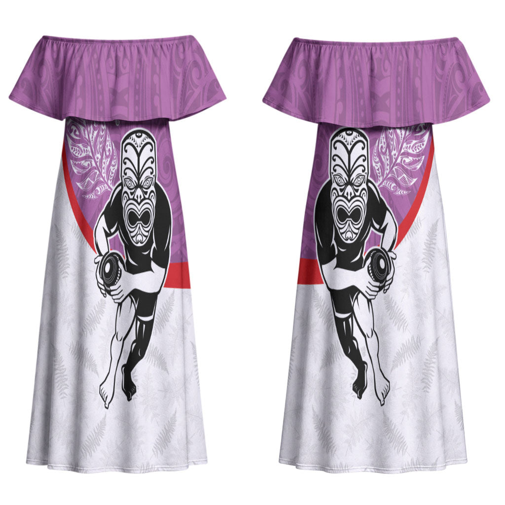 Personalised Aotearoa Lawn Bowls Couples Matching Off Shoulder Maxi Dress and Hawaiian Shirt Maori Warrior and Silver Fern Sporty Style Pink