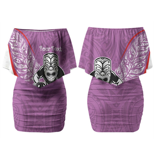 Personalised Aotearoa Lawn Bowls Couples Matching Off Shoulder Short Dress and Hawaiian Shirt Maori Warrior and Silver Fern Sporty Style Pink