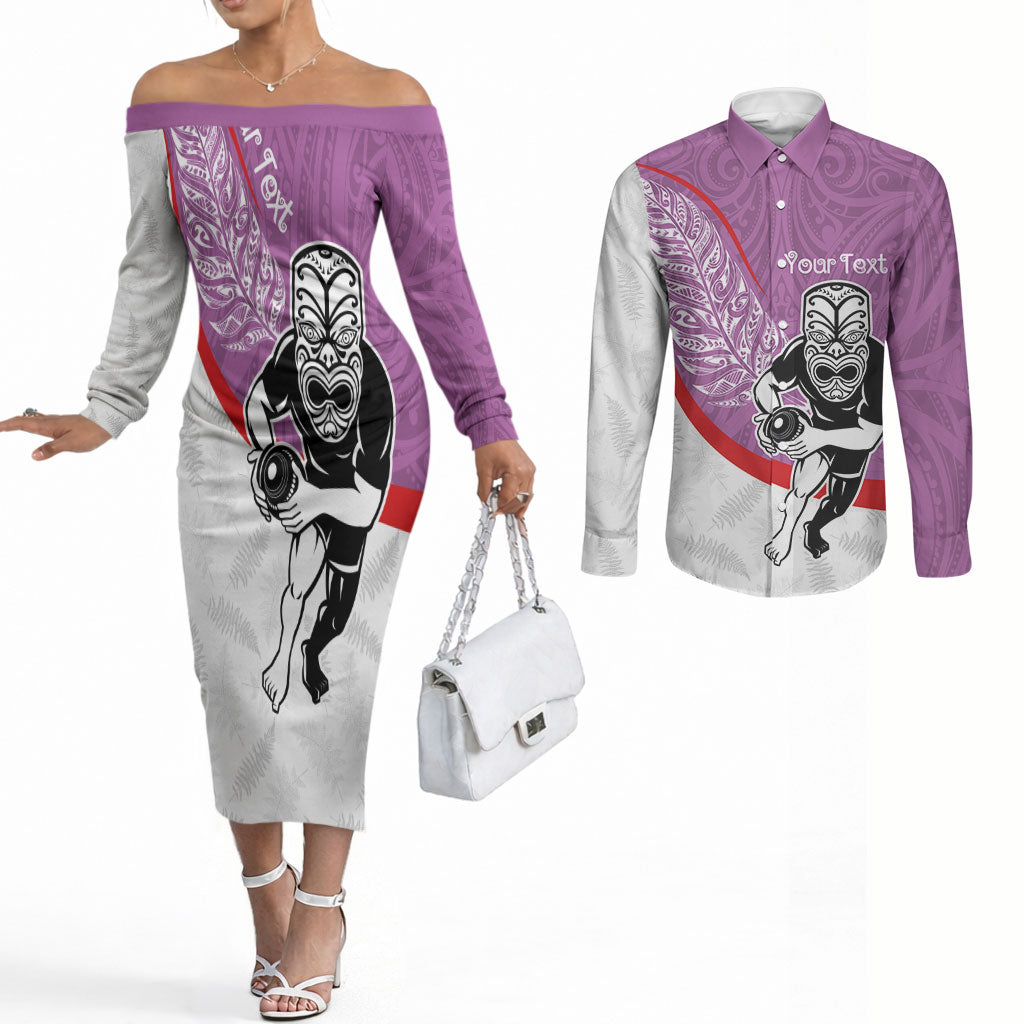 Personalised Aotearoa Lawn Bowls Couples Matching Off The Shoulder Long Sleeve Dress and Long Sleeve Button Shirt Maori Warrior and Silver Fern Sporty Style Pink