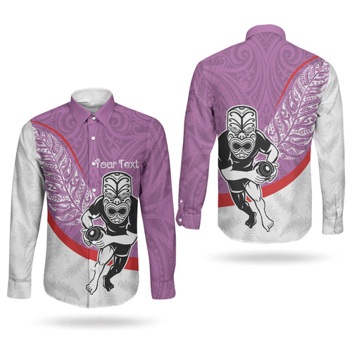 Personalised Aotearoa Lawn Bowls Couples Matching Off The Shoulder Long Sleeve Dress and Long Sleeve Button Shirt Maori Warrior and Silver Fern Sporty Style Pink