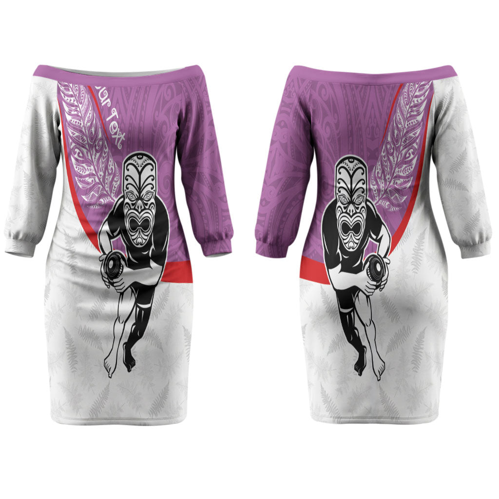 Personalised Aotearoa Lawn Bowls Couples Matching Off The Shoulder Long Sleeve Dress and Long Sleeve Button Shirt Maori Warrior and Silver Fern Sporty Style Pink