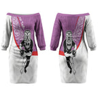 Personalised Aotearoa Lawn Bowls Couples Matching Off The Shoulder Long Sleeve Dress and Long Sleeve Button Shirt Maori Warrior and Silver Fern Sporty Style Pink