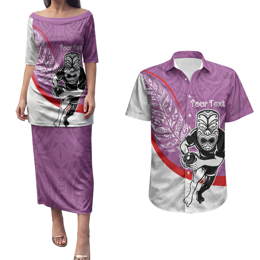 Personalised Aotearoa Lawn Bowls Couples Matching Puletasi and Hawaiian Shirt Maori Warrior and Silver Fern Sporty Style Pink