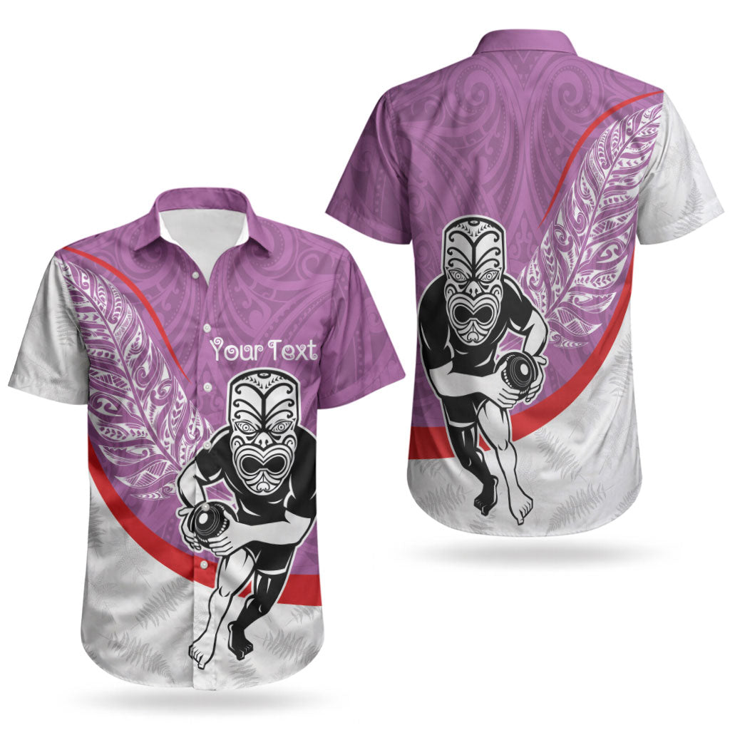 Personalised Aotearoa Lawn Bowls Couples Matching Puletasi and Hawaiian Shirt Maori Warrior and Silver Fern Sporty Style Pink