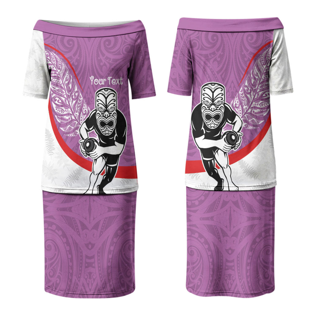 Personalised Aotearoa Lawn Bowls Couples Matching Puletasi and Hawaiian Shirt Maori Warrior and Silver Fern Sporty Style Pink