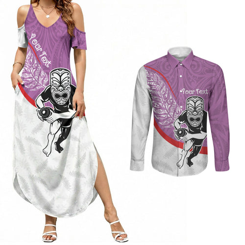 Personalised Aotearoa Lawn Bowls Couples Matching Summer Maxi Dress and Long Sleeve Button Shirt Maori Warrior and Silver Fern Sporty Style Pink