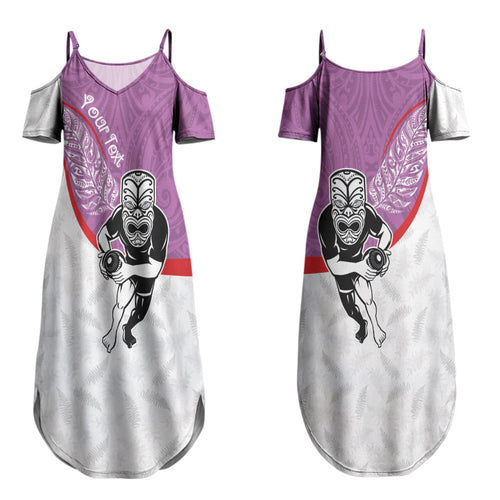 Personalised Aotearoa Lawn Bowls Couples Matching Summer Maxi Dress and Long Sleeve Button Shirt Maori Warrior and Silver Fern Sporty Style Pink