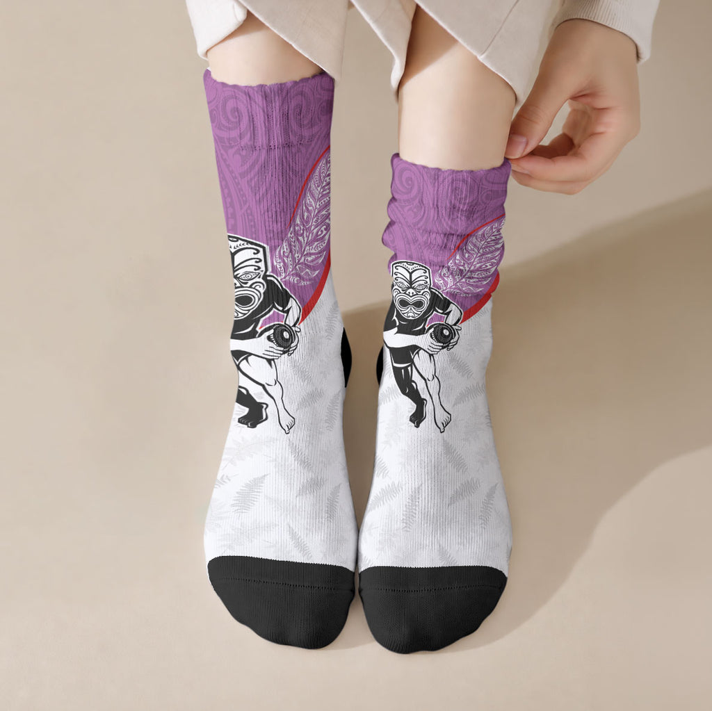Aotearoa Lawn Bowls Crew Socks Maori Warrior and Silver Fern Sporty Style Pink