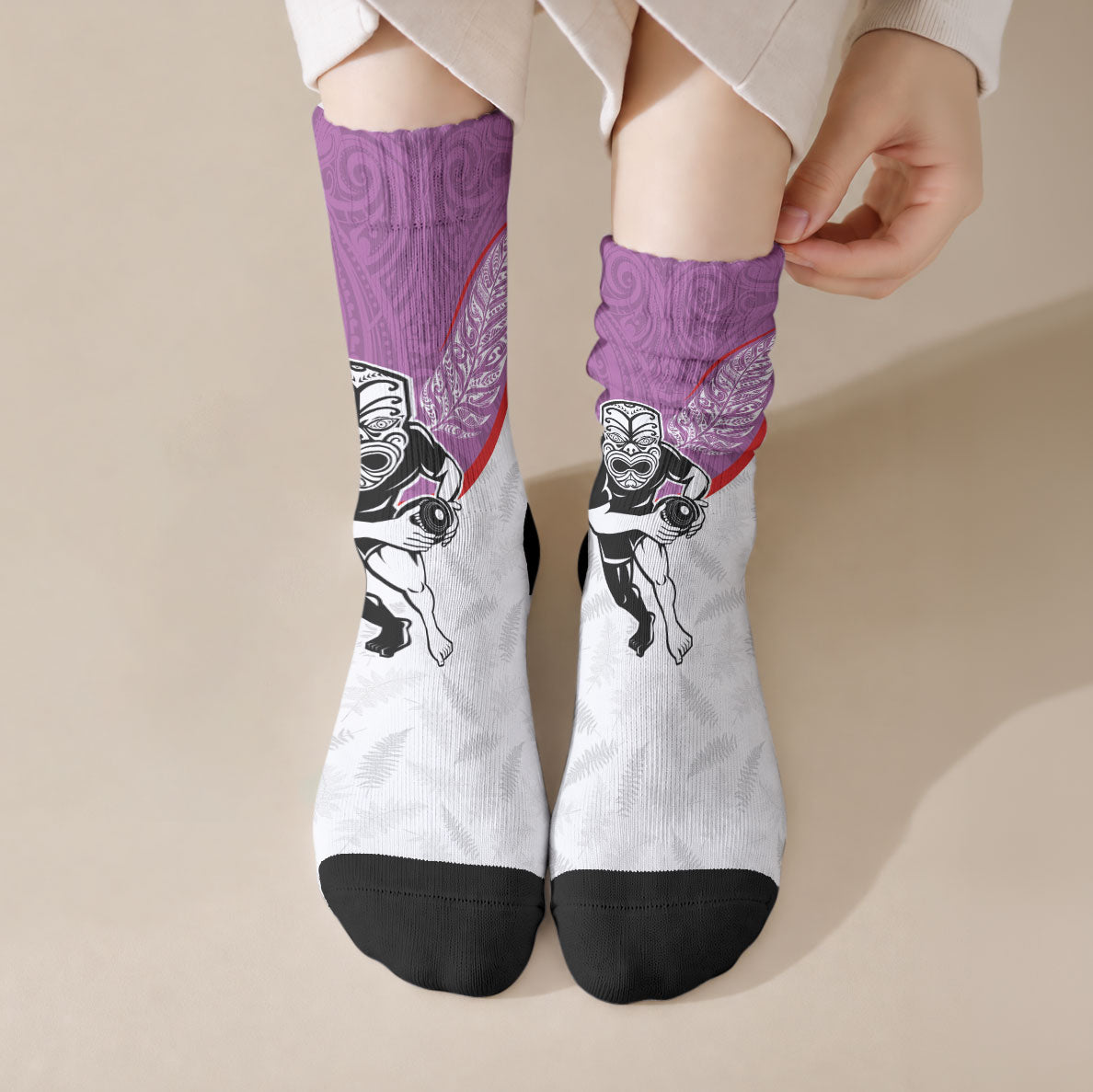 Aotearoa Lawn Bowls Crew Socks Maori Warrior and Silver Fern Sporty Style Pink