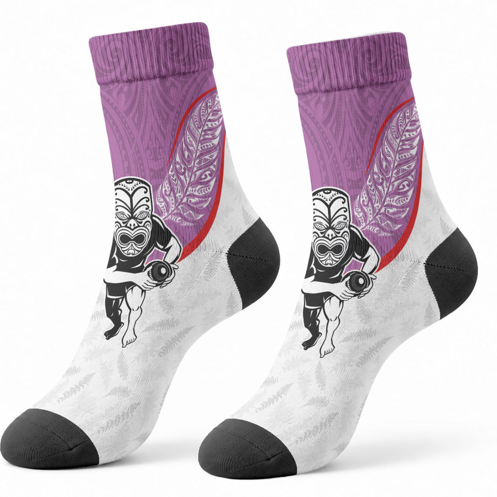 Aotearoa Lawn Bowls Crew Socks Maori Warrior and Silver Fern Sporty Style Pink