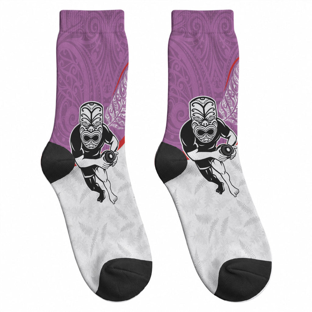 Aotearoa Lawn Bowls Crew Socks Maori Warrior and Silver Fern Sporty Style Pink