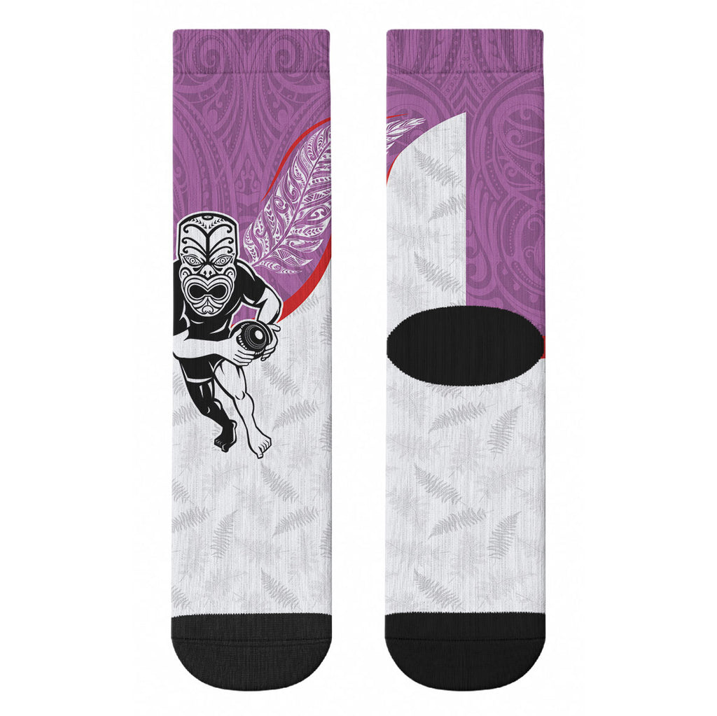 Aotearoa Lawn Bowls Crew Socks Maori Warrior and Silver Fern Sporty Style Pink