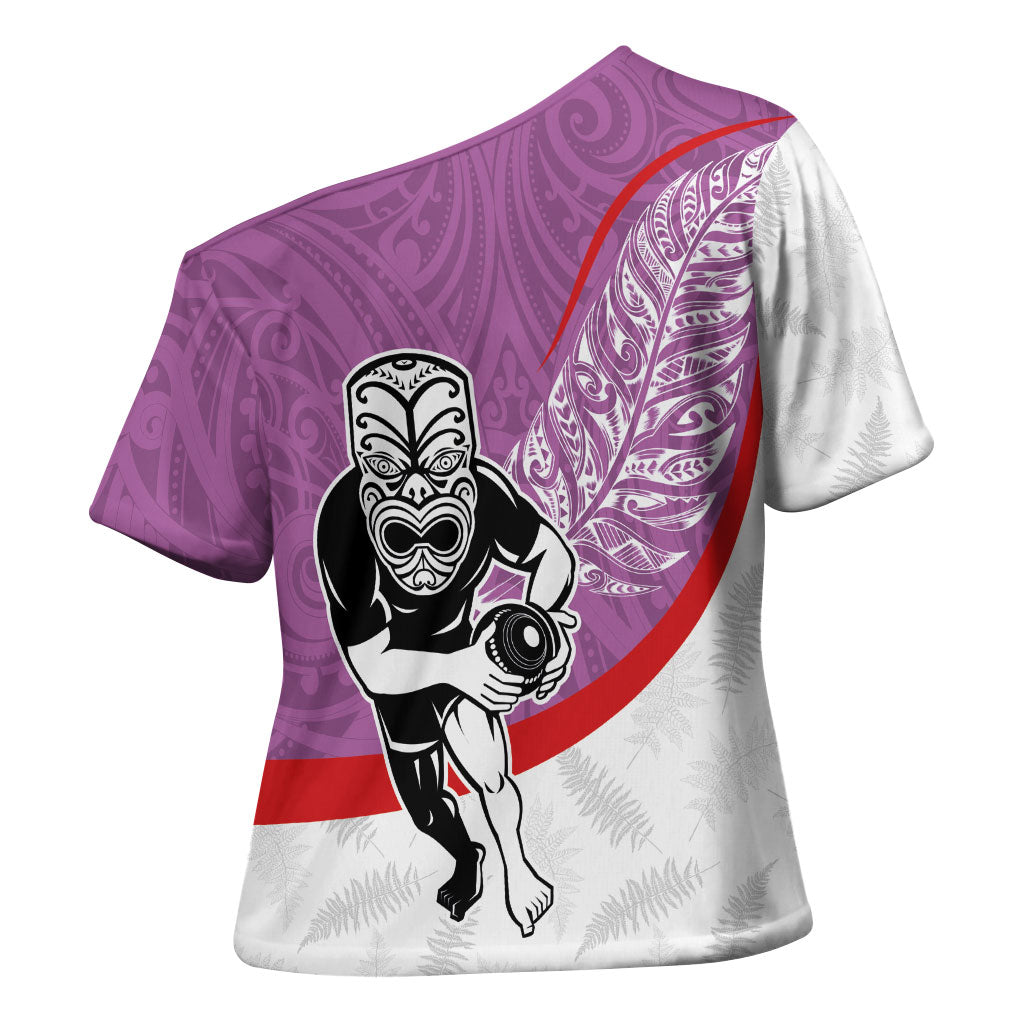 Personalised Aotearoa Lawn Bowls Cross Shoulder Shirt Maori Warrior and Silver Fern Sporty Style Pink