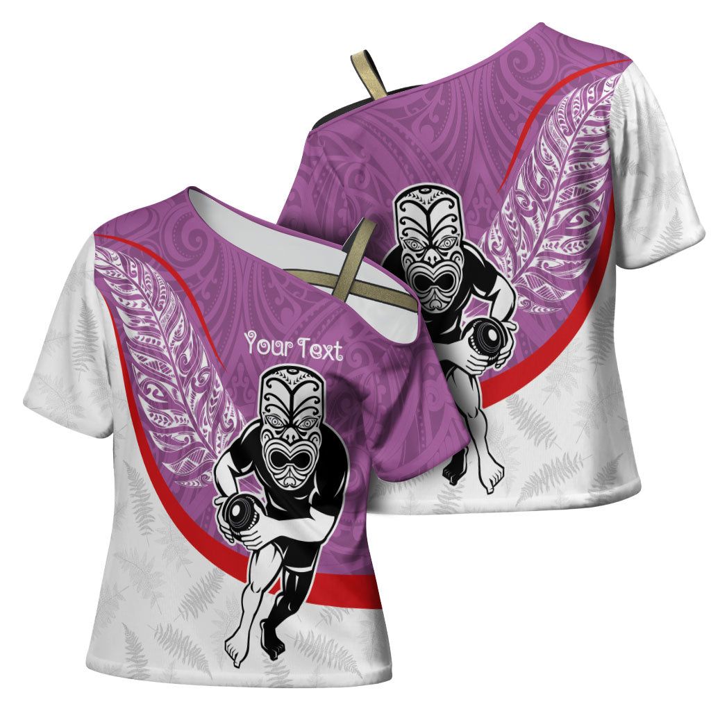 Personalised Aotearoa Lawn Bowls Cross Shoulder Shirt Maori Warrior and Silver Fern Sporty Style Pink