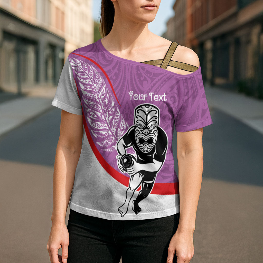 Personalised Aotearoa Lawn Bowls Cross Shoulder Shirt Maori Warrior and Silver Fern Sporty Style Pink