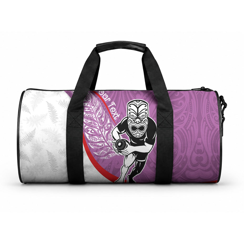 Personalised Aotearoa Lawn Bowls Duffle Bag Maori Warrior and Silver Fern Sporty Style Pink