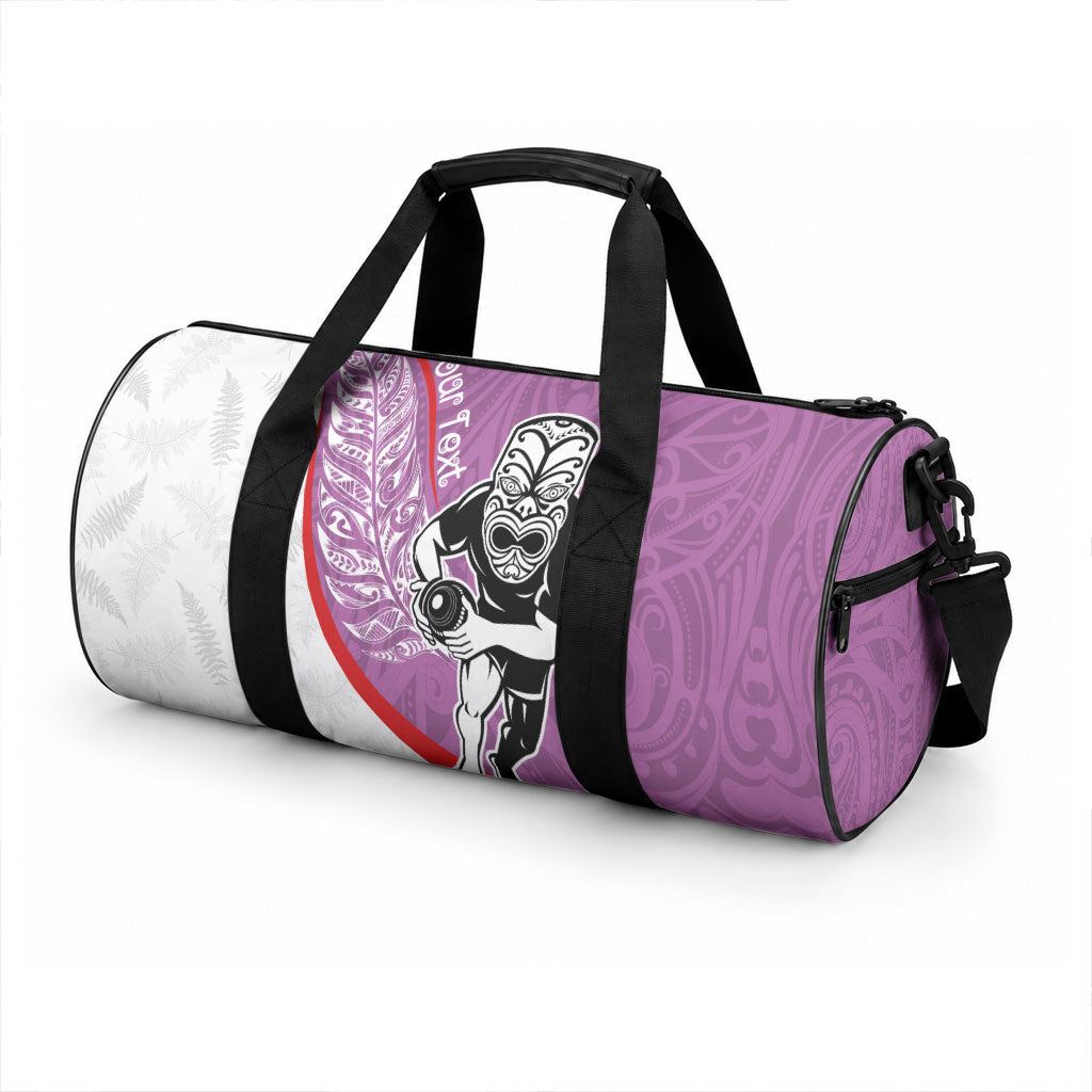 Personalised Aotearoa Lawn Bowls Duffle Bag Maori Warrior and Silver Fern Sporty Style Pink