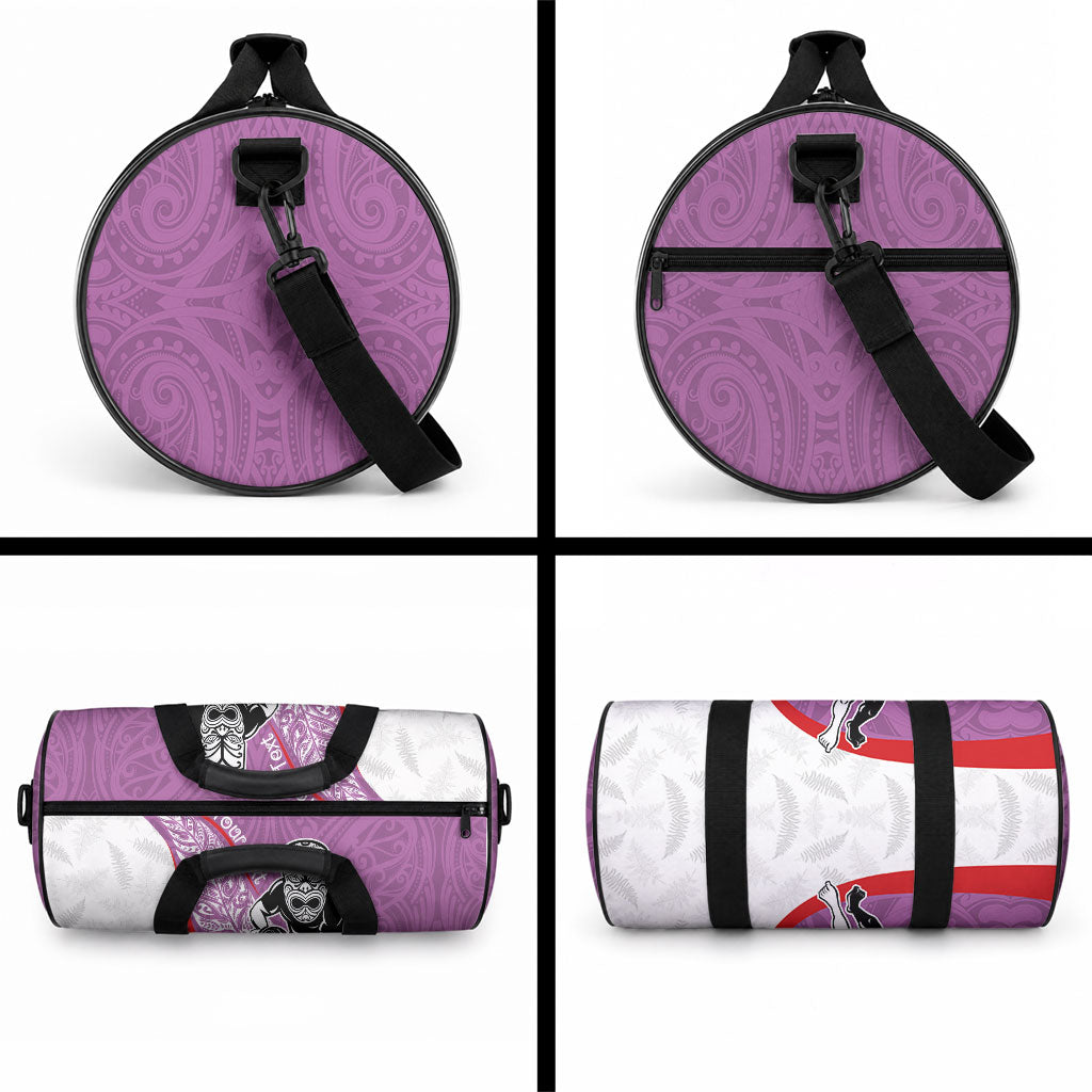 Personalised Aotearoa Lawn Bowls Duffle Bag Maori Warrior and Silver Fern Sporty Style Pink