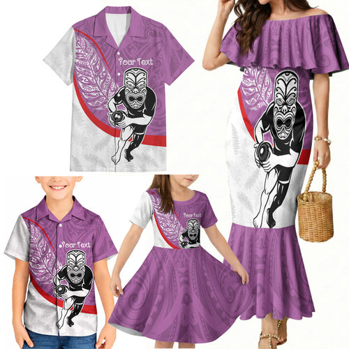 Personalised Aotearoa Lawn Bowls Family Matching Mermaid Dress and Hawaiian Shirt Maori Warrior and Silver Fern Sporty Style Pink