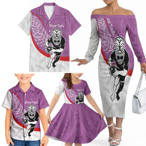 Personalised Aotearoa Lawn Bowls Family Matching Off The Shoulder Long Sleeve Dress and Hawaiian Shirt Maori Warrior and Silver Fern Sporty Style Pink