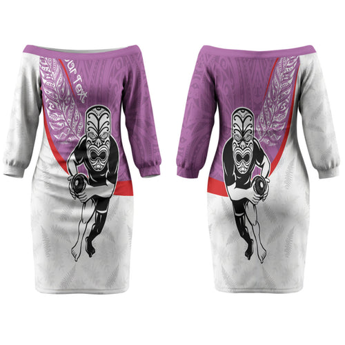 Personalised Aotearoa Lawn Bowls Family Matching Off The Shoulder Long Sleeve Dress and Hawaiian Shirt Maori Warrior and Silver Fern Sporty Style Pink