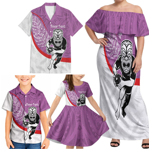 Personalised Aotearoa Lawn Bowls Family Matching Off Shoulder Maxi Dress and Hawaiian Shirt Maori Warrior and Silver Fern Sporty Style Pink