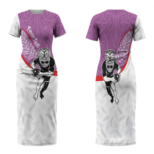Personalised Aotearoa Lawn Bowls Family Matching Short Sleeve Bodycon Dress and Hawaiian Shirt Maori Warrior and Silver Fern Sporty Style Pink