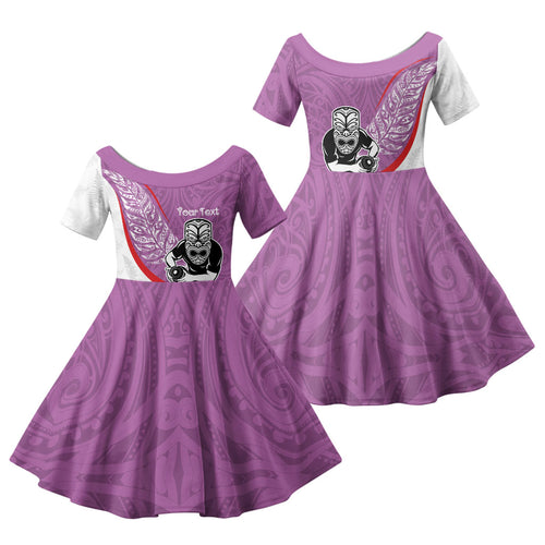 Personalised Aotearoa Lawn Bowls Family Matching Short Sleeve Bodycon Dress and Hawaiian Shirt Maori Warrior and Silver Fern Sporty Style Pink