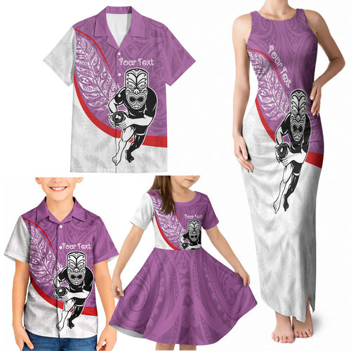 Personalised Aotearoa Lawn Bowls Family Matching Tank Maxi Dress and Hawaiian Shirt Maori Warrior and Silver Fern Sporty Style Pink
