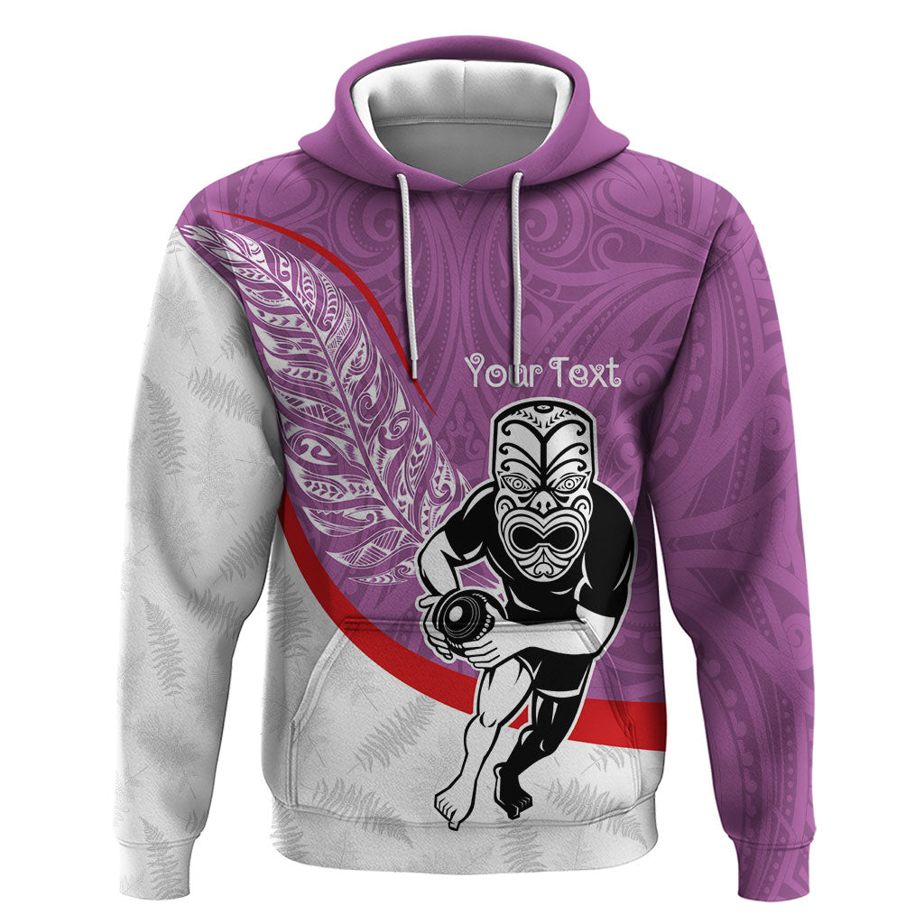 Personalised Aotearoa Lawn Bowls Hoodie Maori Warrior and Silver Fern Sporty Style Pink