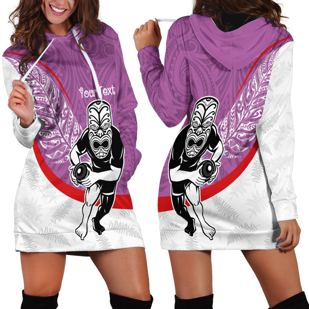Personalised Aotearoa Lawn Bowls Hoodie Dress Maori Warrior and Silver Fern Sporty Style Pink