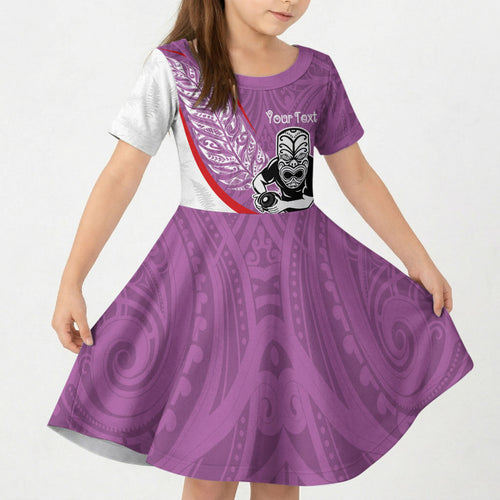 Personalised Aotearoa Lawn Bowls Kid Short Sleeve Dress Maori Warrior and Silver Fern Sporty Style Pink
