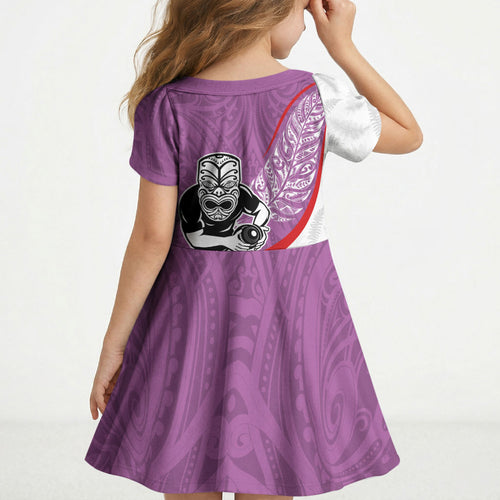 Personalised Aotearoa Lawn Bowls Kid Short Sleeve Dress Maori Warrior and Silver Fern Sporty Style Pink