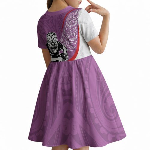 Personalised Aotearoa Lawn Bowls Kid Short Sleeve Dress Maori Warrior and Silver Fern Sporty Style Pink