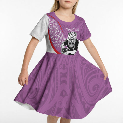 Personalised Aotearoa Lawn Bowls Kid Short Sleeve Dress Maori Warrior and Silver Fern Sporty Style Pink