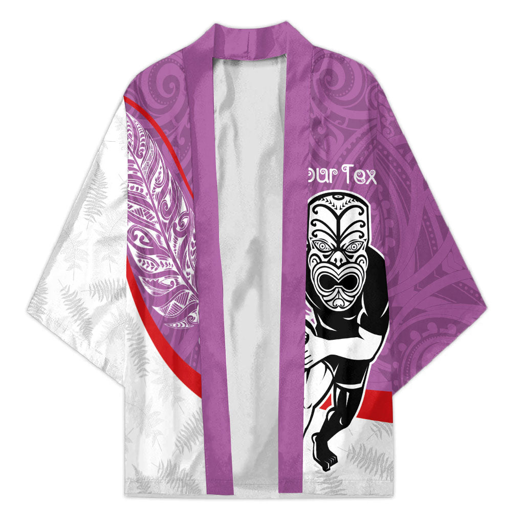 Personalised Aotearoa Lawn Bowls Kimono Maori Warrior and Silver Fern Sporty Style Pink