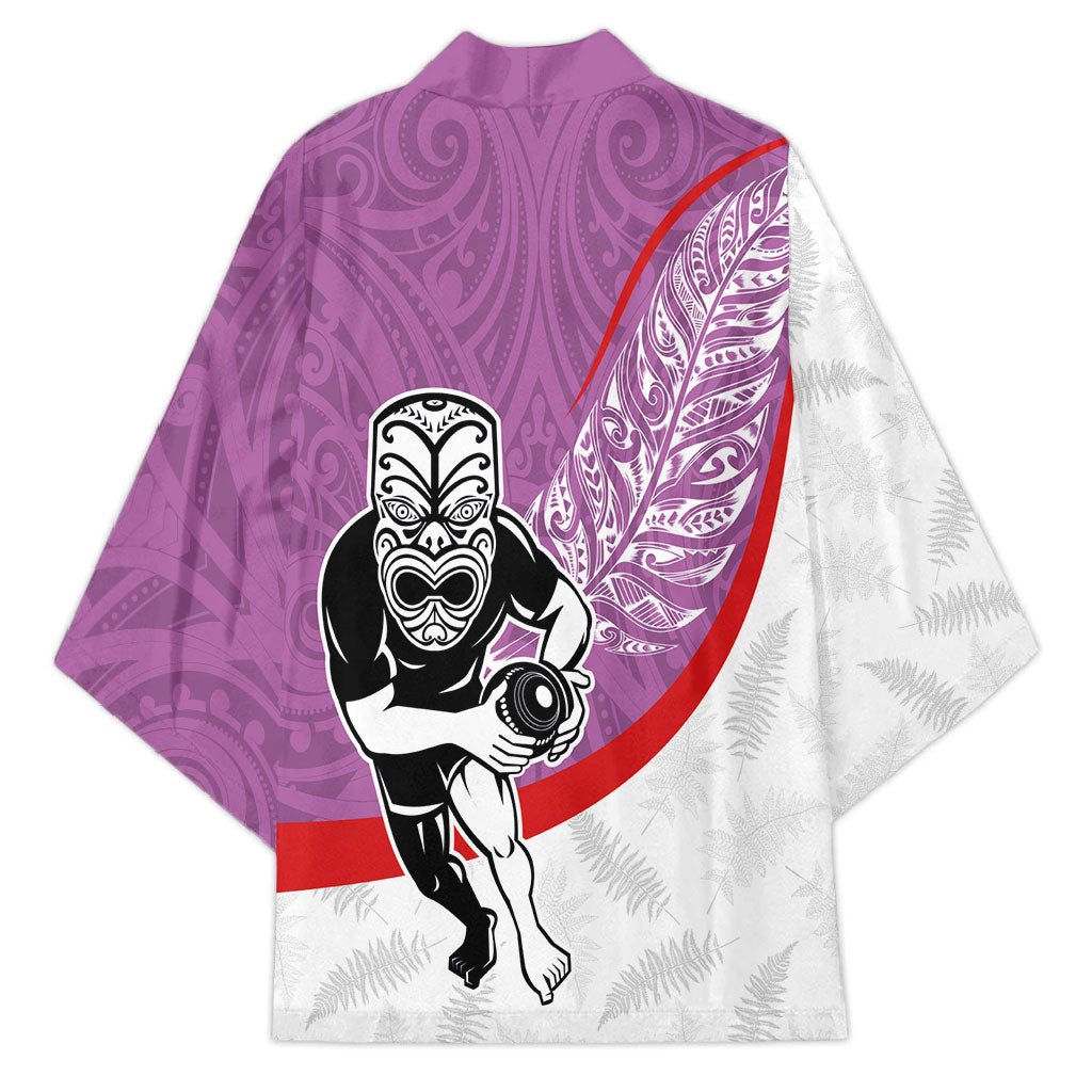 Personalised Aotearoa Lawn Bowls Kimono Maori Warrior and Silver Fern Sporty Style Pink