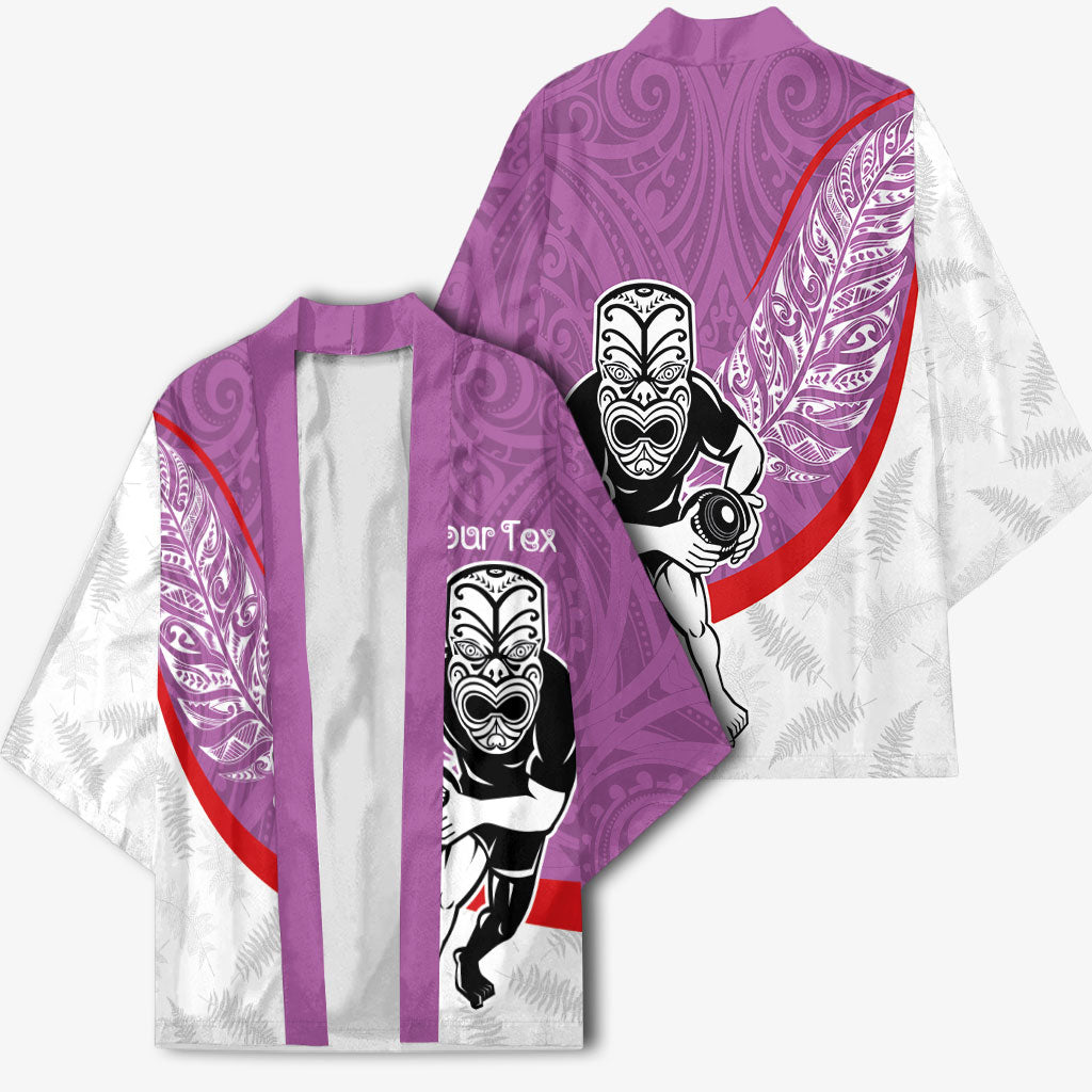 Personalised Aotearoa Lawn Bowls Kimono Maori Warrior and Silver Fern Sporty Style Pink
