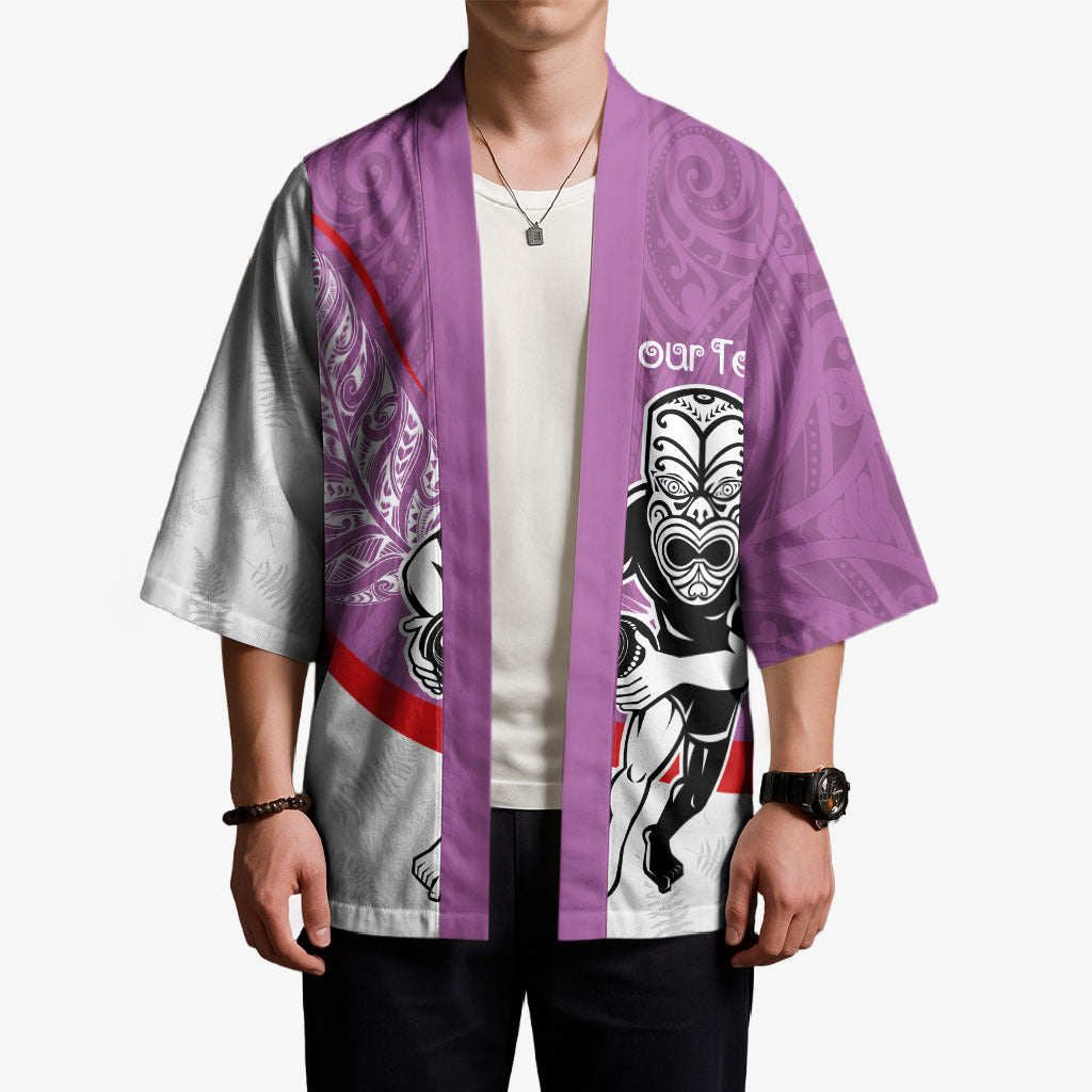 Personalised Aotearoa Lawn Bowls Kimono Maori Warrior and Silver Fern Sporty Style Pink