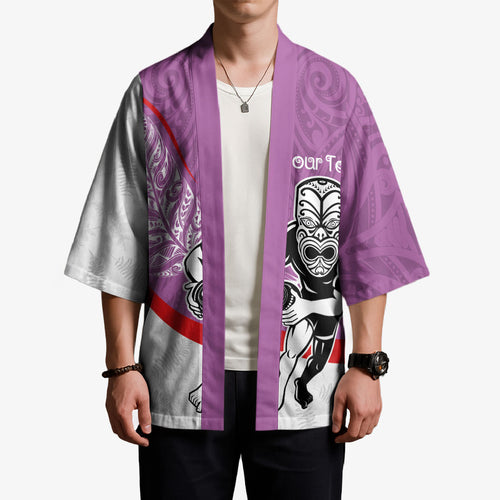 Personalised Aotearoa Lawn Bowls Kimono Maori Warrior and Silver Fern Sporty Style Pink