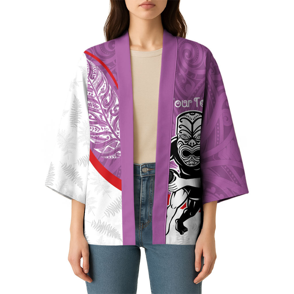 Personalised Aotearoa Lawn Bowls Kimono Maori Warrior and Silver Fern Sporty Style Pink